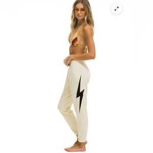 Aviator Nation Vintage White Ivory Sweatpant Jogger Black Lightning‎ Bolt Medium